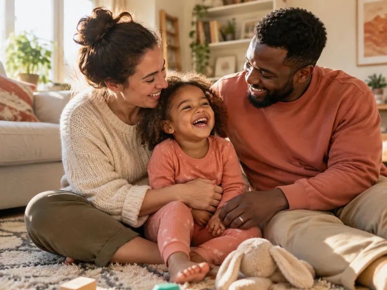 A mother and father sitting on the floor at home, laughing with their young daughter