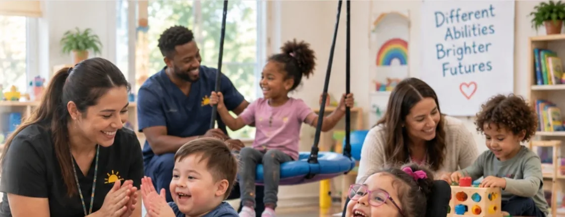 Diverse children, including kids with autism and special needs, playing with parents and pediatric therapists in a warm therapy space
